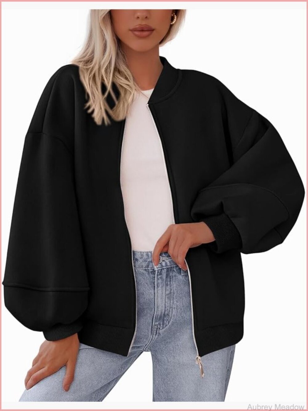 Oversized Zip Up Sweatshirt Bomber Jacket Drop Shoulder Long Sleeve Loose Fit